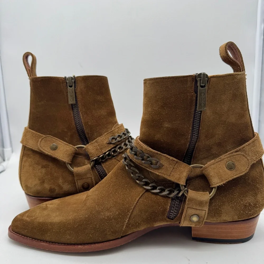 ORO Henrik Harness Boot Las Angeles Size 7 Men Brown Suede Zipper Biker w/ Chain